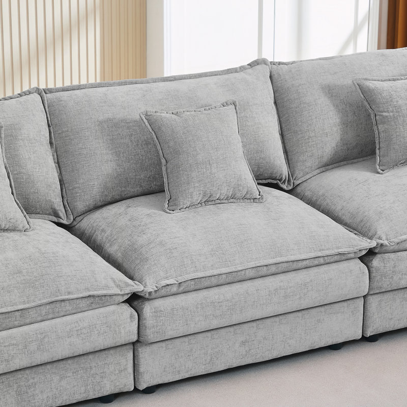 3-Seater Comfy Cloud Couches with Movable Ottoman, Gray
