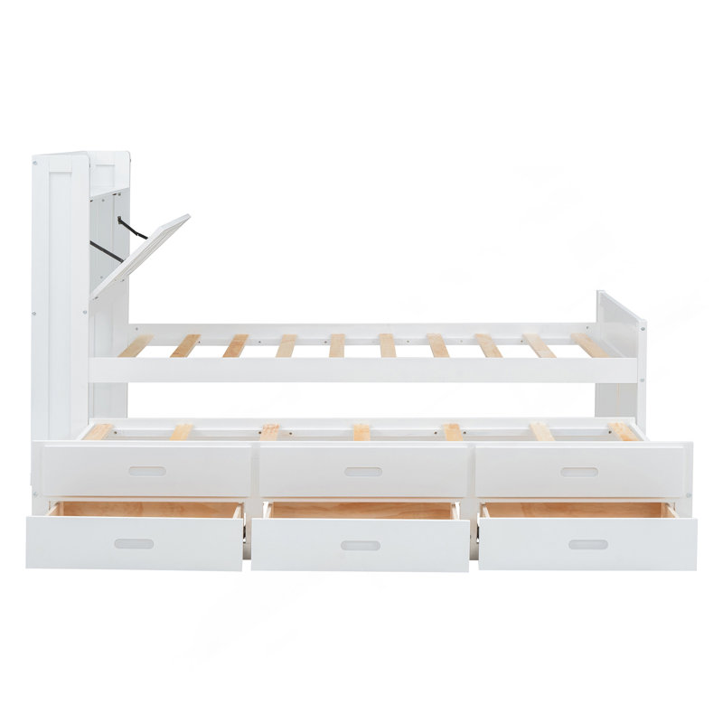 Lit simple en bois avec tête de lit avec prises de courant, lit extensible avec lit gigogne simple avec trois tiroirs de rangement, blanc