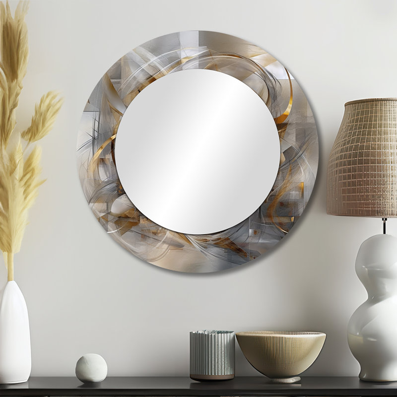 Gulshen Grey Gold Captivating Liquid Ink - Marble Unique Wall Mirror Decor, Modern Large Round Mirror, Printed Metal Art