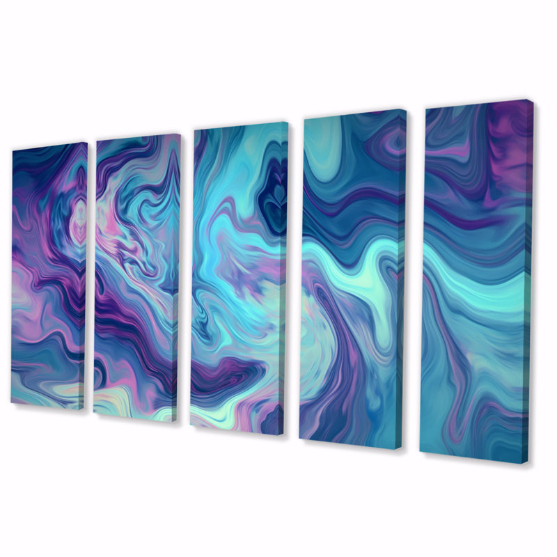 Turquoise mauve marbré Fusion I - décoration murale abstraite - 5 panneaux égaux