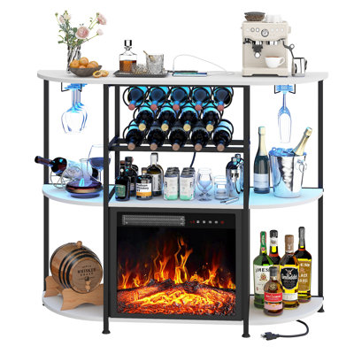 47" Bar Cabinet with Fireplace, Wine Bar Stand with Glass Holder and Wine Rack Storage