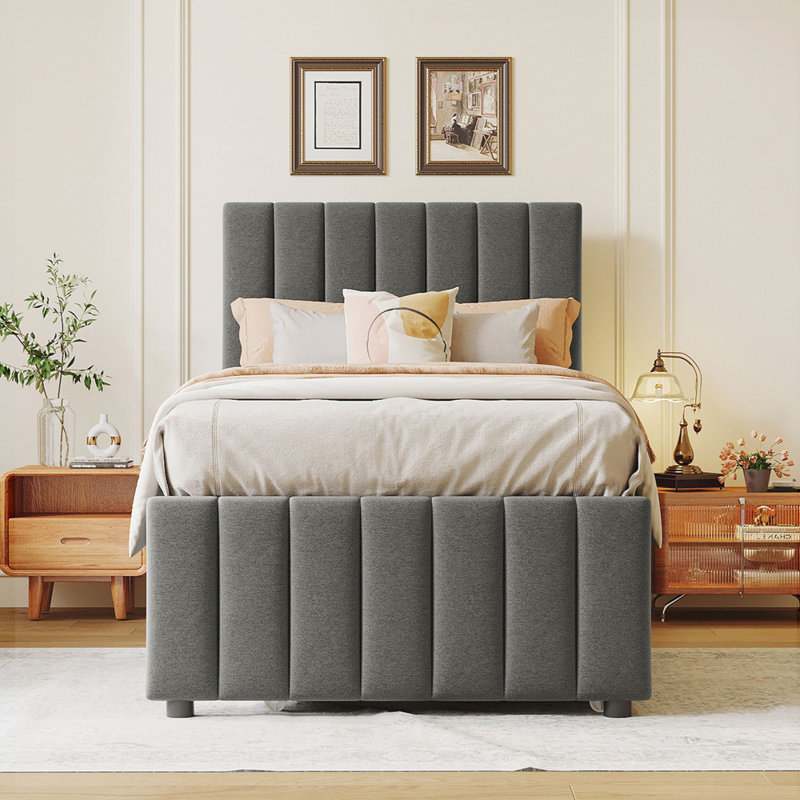 Lit plateforme tapissier avec lit gigogne simple et 3 tiroirs, Beige, Lit simple