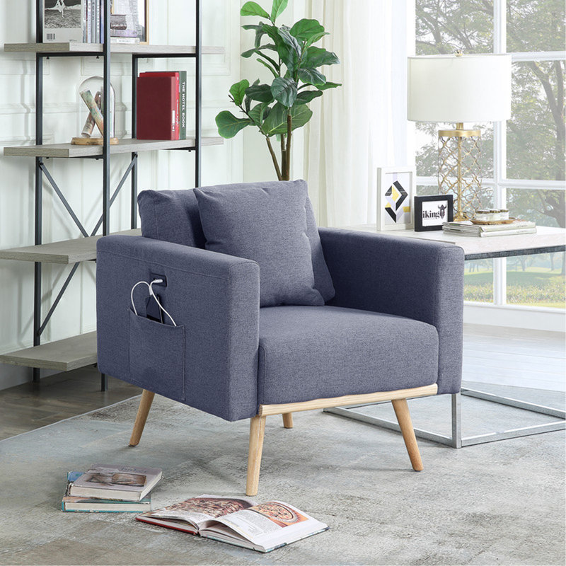 Linen Fabric Chair With USB Charging Ports Pockets & Pillows