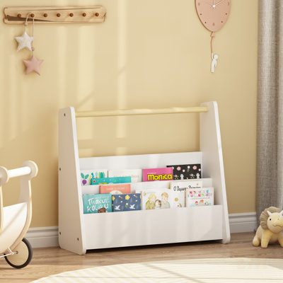 Bibliothèque pour enfants avec poignée en bois, bibliothèque pour tout-petits à 2 niveaux faisant face à l'avant, organisateur de rangement pour livres pour enfants pour chambre à coucher, salle de jeux, chambre de bébé ou salle de classe, blanc