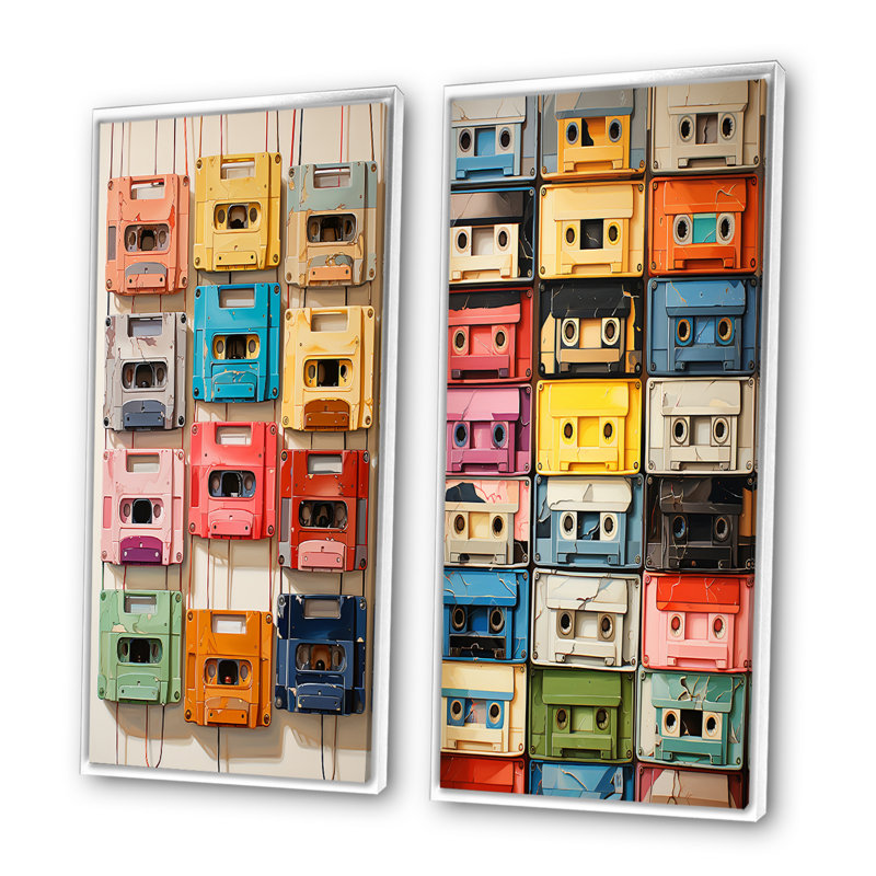 «Popart Cassette Tapes», 2 pièces sur toile, Cadre blanc, H 20 po x l 24 po