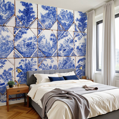 Peel and Stick Wallpaper 144" W x 100" H Modern Self Adhesive Wall Mural for Bedroom blue ancient chinese style tiles chinoiserie pictures