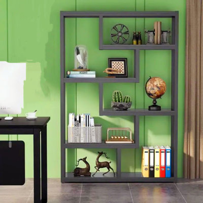 6-Tier Industrial Bookshelf, Black Steel Frame With Dark Walnut Shelves, Ideal For Home Offices, Living Rooms, And Bedrooms