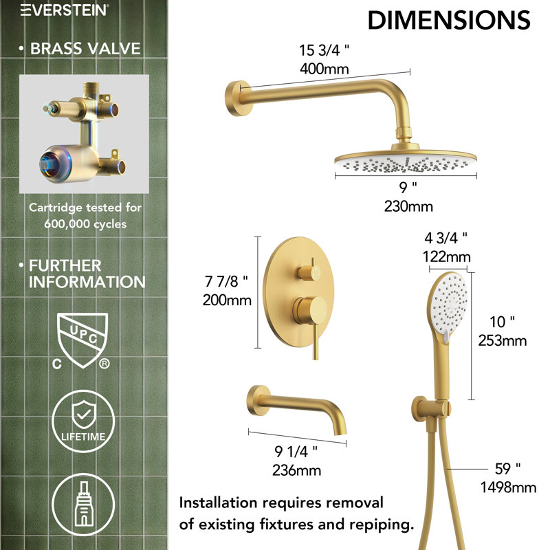 Tub and Shower Faucet Set , 9" Rainfall Shower Head with 3‑Setting Handheld Shower, Brushed Gold