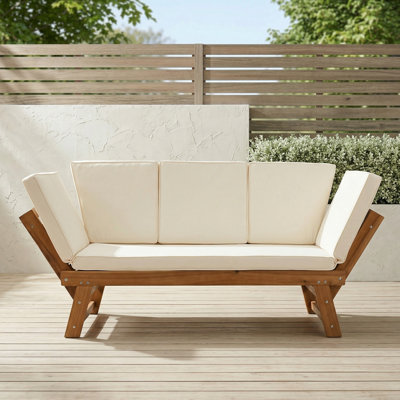  Adjustable Outdoor Wooden Daybed Sofa – Acacia Wood Chaise Lounge with Water-Resistant Beige Cushions, Expandable to 78.7" for Small Patios & Balconies
