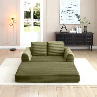 2-in-1 Folding Convertible Sofa Bed, Modern Corduroy Sleeper Couch with 2*pillows, Futon Modular Upholstered Boneless Loveseat with Pull-Out Bed,Folding Floor Modular Couch for Living Room Green