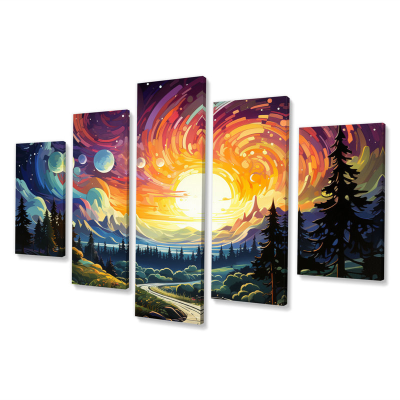 «Northern Lights Road To Infinity III» mauve et rose - décoration murale paysages - 5 panneaux