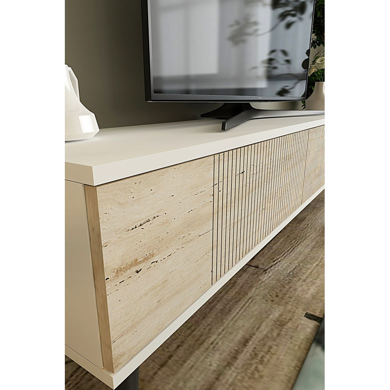 Meuble télé moderne, blanc et travertin, 47,2 po x 15,9 po x 12,6 po | 100% panneau de particules enduit de mélamine, épaisseur: 0,7 pouce | Fixation murale, conception géométrique élégante, parfaite pour le salon et les espaces de divertissement