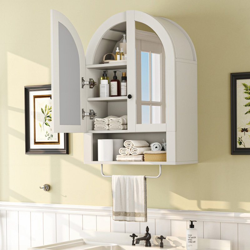 Wall Mounted Arched Cabinet with Mirrored Doors and Adjustable Shelves, White
