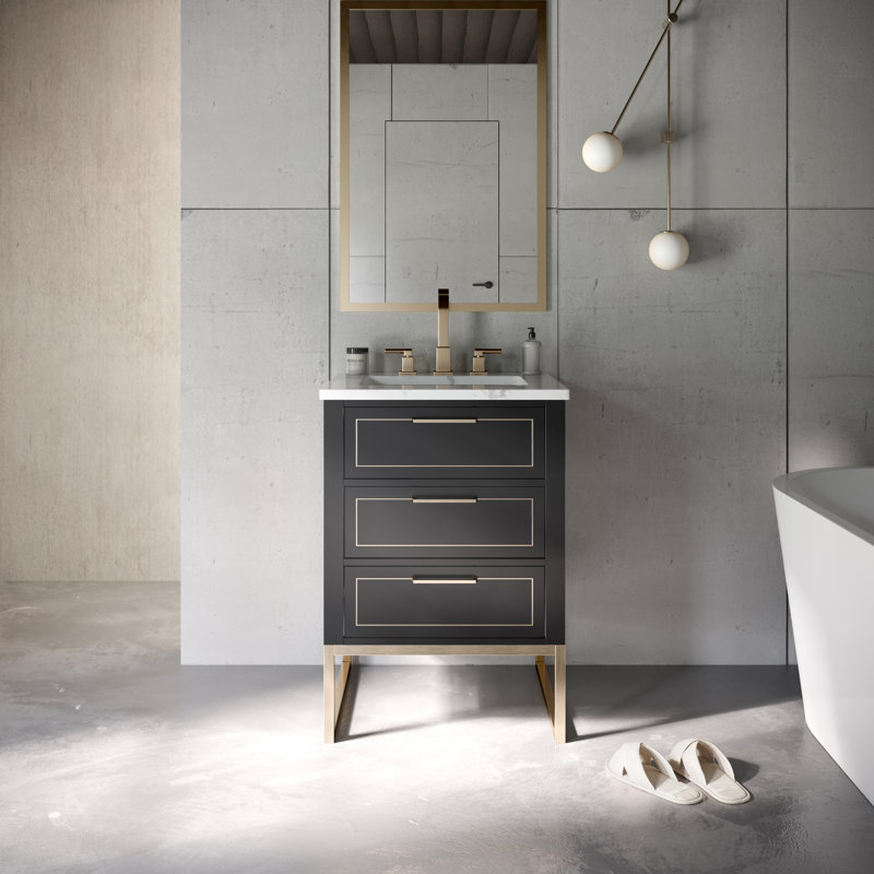 Markham 24'' W Single Vanity, Midnight Black, Carrara Marble, Satin Brass