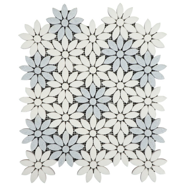 3" x 3" Thassos White and Blue Celeste Marble Daisy Novelty Mosaic Wall & Floor Tile (Set of 10)