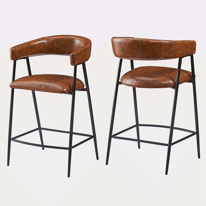 Ensemble de 2 tabourets de comptoir de 26 po, tabourets de comptoir revêtus de polyuréthane avec structure en fer, dossier, repose-pieds, tabourets de comptoir à accoudoirs pour bar personnel, comptoir de cuisine