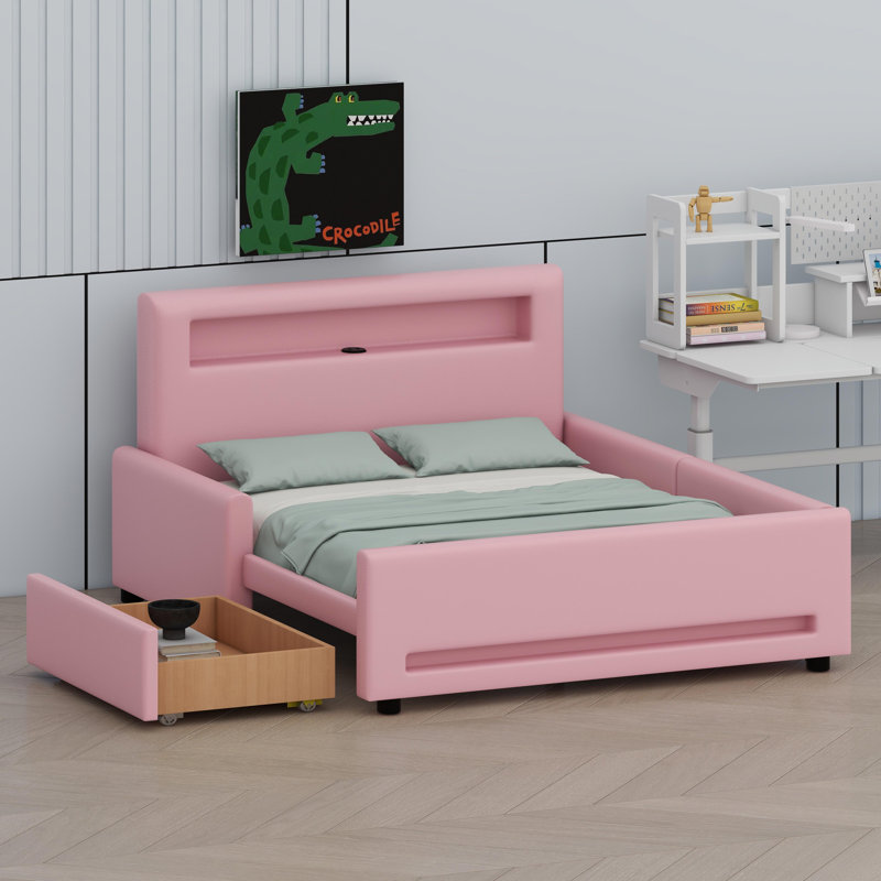 Lit plateforme moderne avec tiroir de rangement intégré et éclairage DEL, Rose