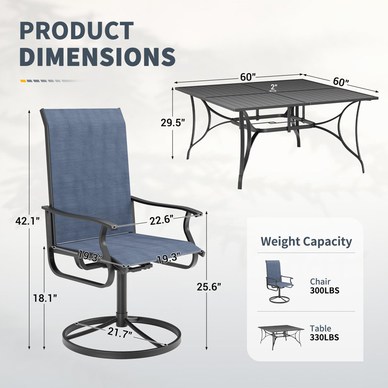 Ensemble repas pour 8 personnes avec chaises pivotantes, table de patio et chaises avec trou pour parasol, ensemble de patio pour l'extérieur