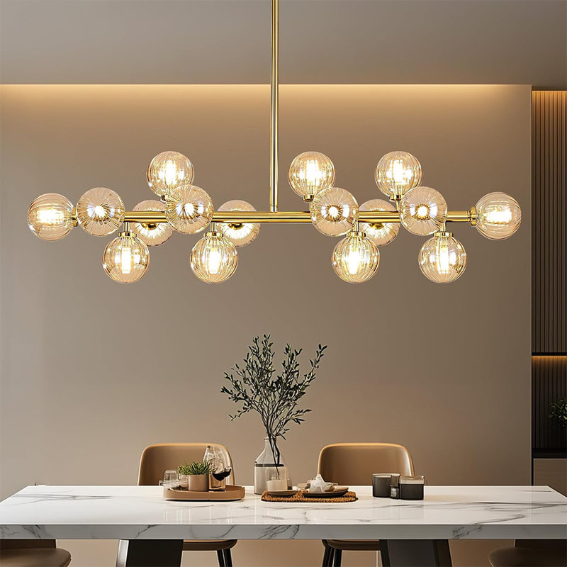Lustre de style Mid-Century à 16 lumières: lustres Spoutnik linéaires dorés de 40 po - Luminaire de salle à manger globe en verre ambré - Long lustre suspendu moderne pour îlot de cuisine de salon