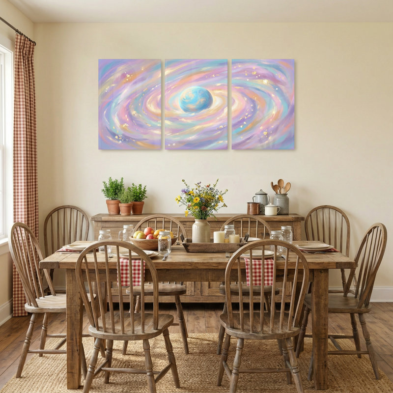 Abstrait tourbillon cosmique galaxie, étoiles, couleurs pastel, ensemble de 3 impressions sur toile, 18” H x 36” W