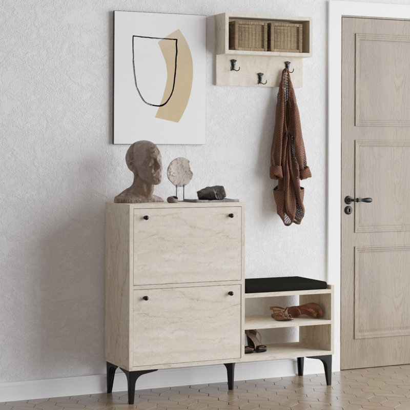 Armoire à chaussures moderne avec porte-manteau suspendu, couleur travertin, 43,3 po x 36,2 po x 13,8 po | 100% panneau de particules enduit de mélamine, 0,7 po d'épaisseur | Fixation murale, pieds en plastique, tablettes multiples, design élégant et fonctionnel