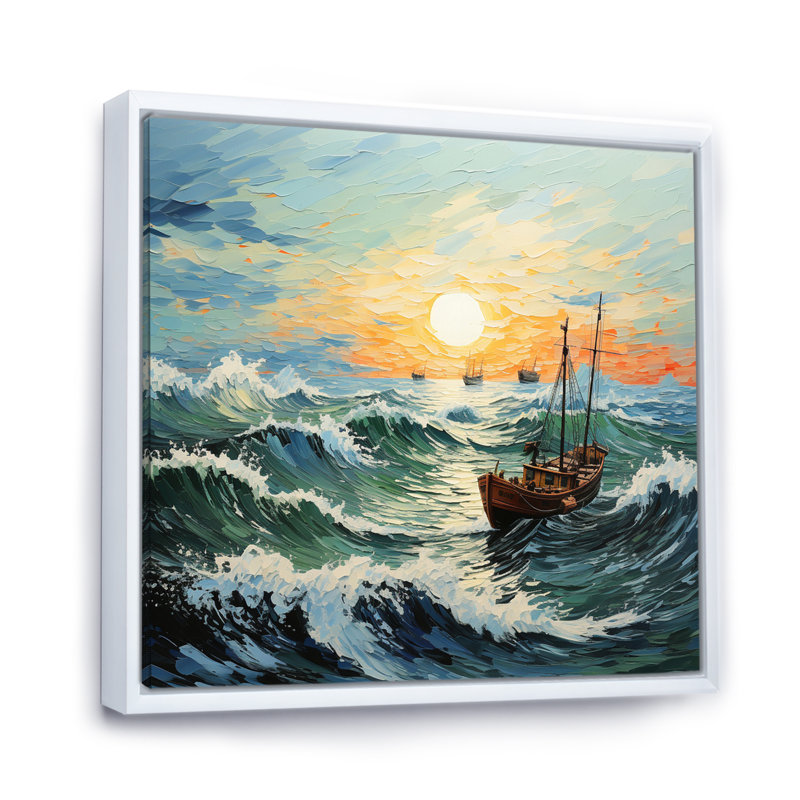 Paysage marin de Vangogh avec pêche I, H 36 po x l 36 po x P 1,5 po, Cadre flottant blanc
