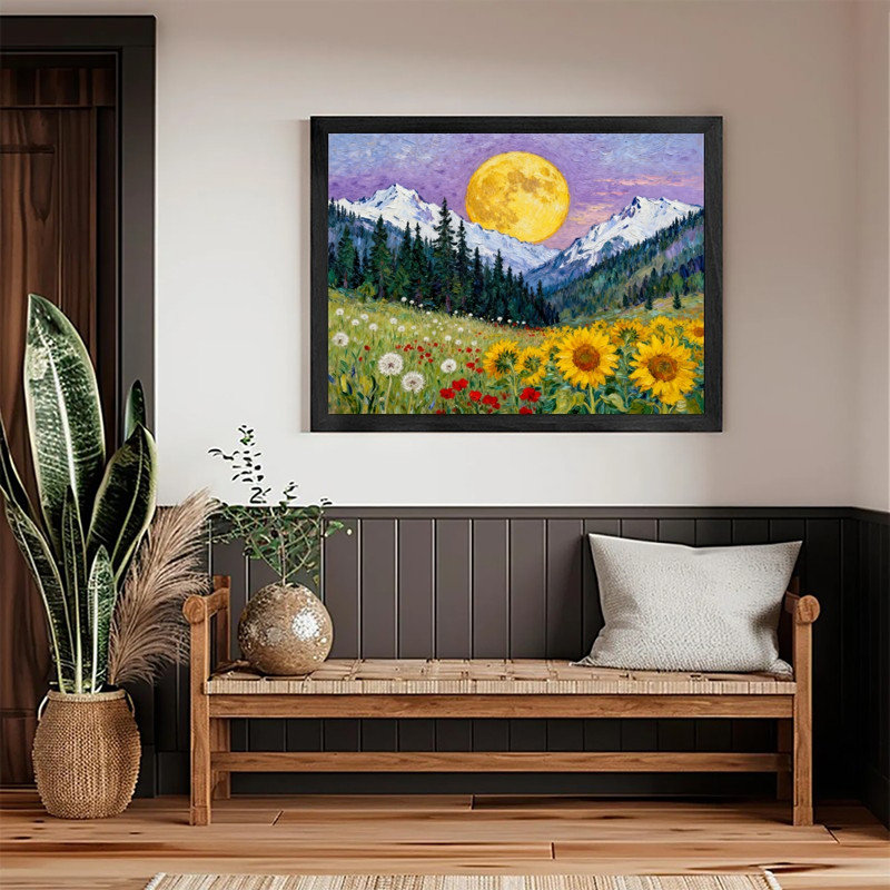 «Moonlit Pine Forest», encadré noir, pleine lune, peinture de champ de fleurs sauvages, art mural paysage nature Moody Mystical