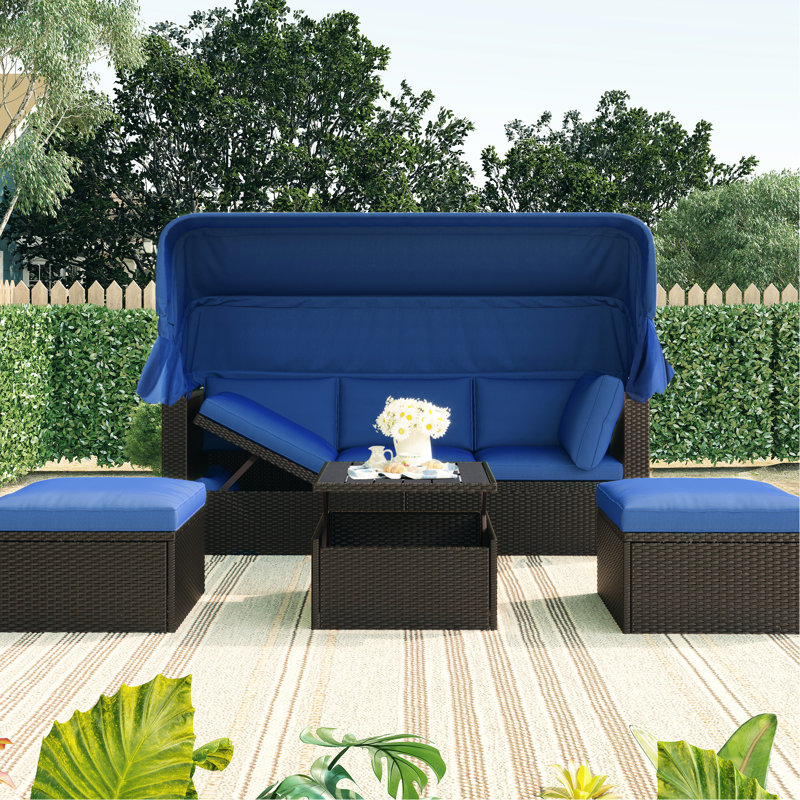 Lit de jour d'extérieur avec auvent et rembourrage de coussin lavable pour terrasse avec coussins de soutien rétractables