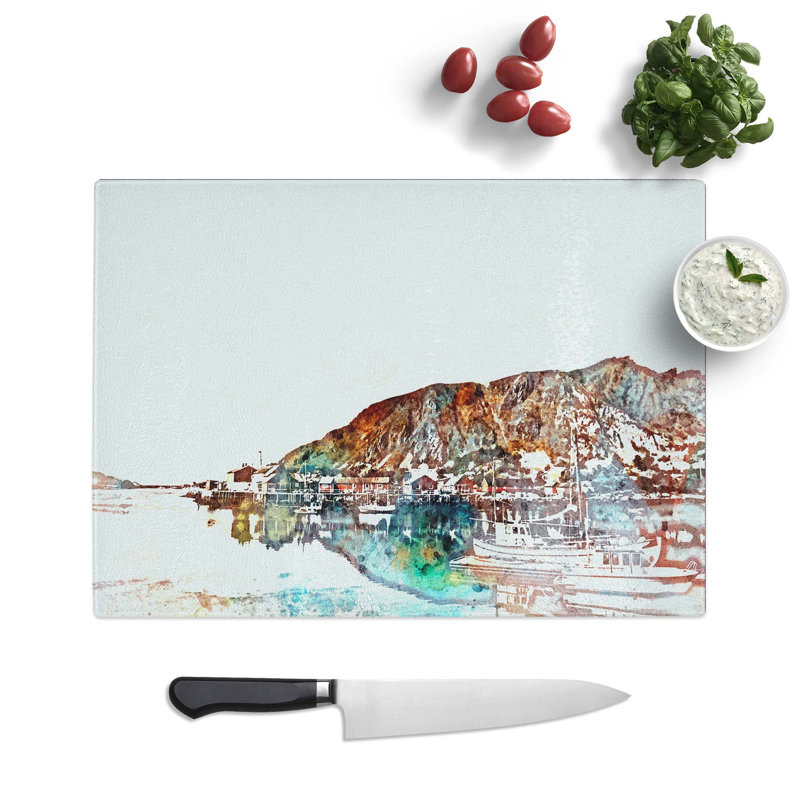 Tempered Glass Docked Boats in Ballstad Norway Chopping Board, 28.5 cm W x 20 cm L