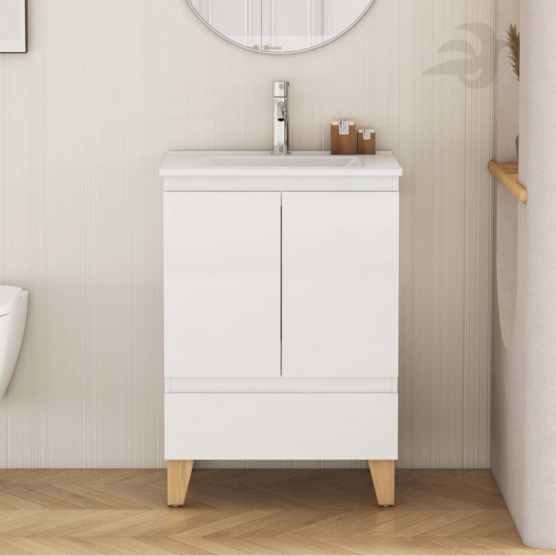 Ensemble de meuble-lavabo moderne 24 po avec lavabo, meuble-lavabo avec 2 portes et 1 tiroir, système anti-égratignure, conception sans poignée, pieds en bois massif naturel, lavabo en céramique, assemblage facile, blanc brillant