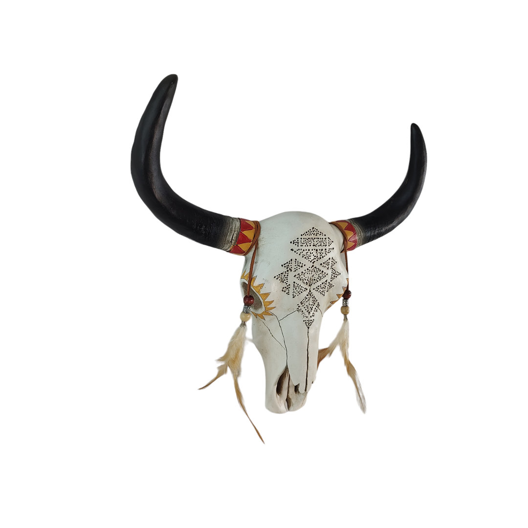Southwestern Tribal Tooled Bull Cow Skull with Feathers & Beads Accents Hanging Wall Décor Foundry Select