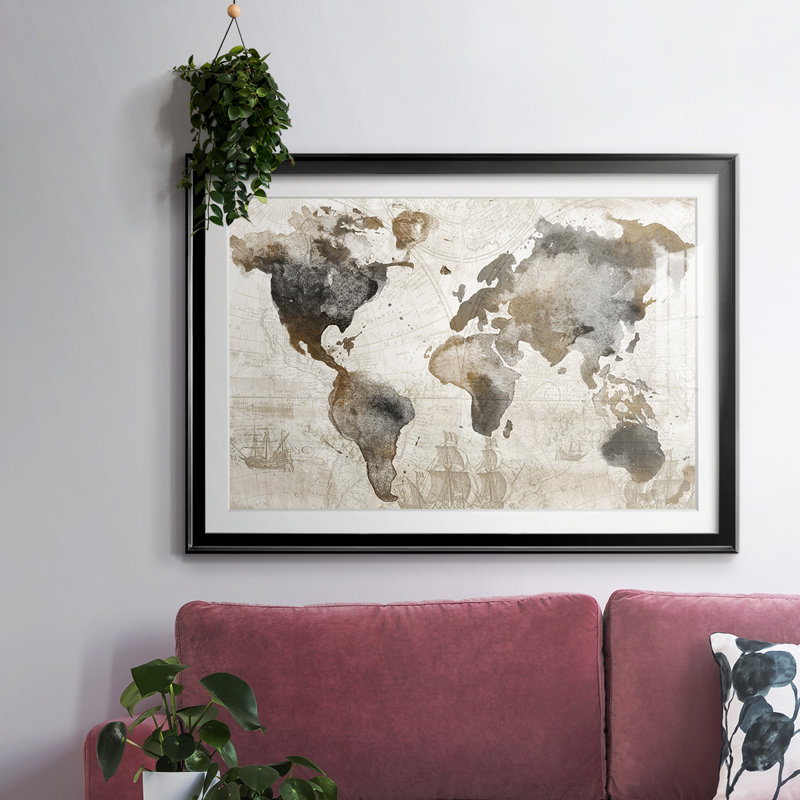 Carte antique encadrée sur papier, Noir, H 30 po x l 44 po x P 1,5 po