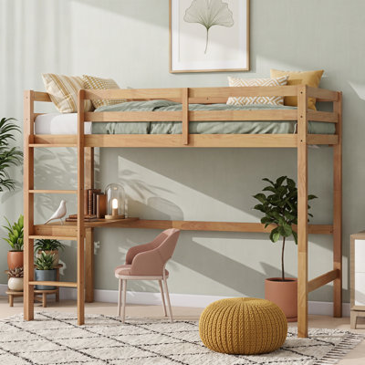Lit mezzanine simple en bois d'hévéa avec bureau intégré, barrière de sécurité et échelle intégrée
