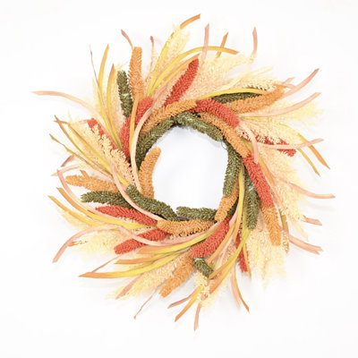 22" Artificial Farmhouse Thanksgiving Day Autumn Dried Grass Blossom Cluster Wheat Berry Fall Harvest Front Door Wreath