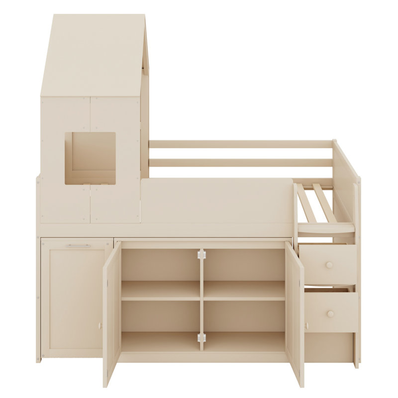 Lit mezzanine complet avec bureau, tiroirs et armoires, Beige