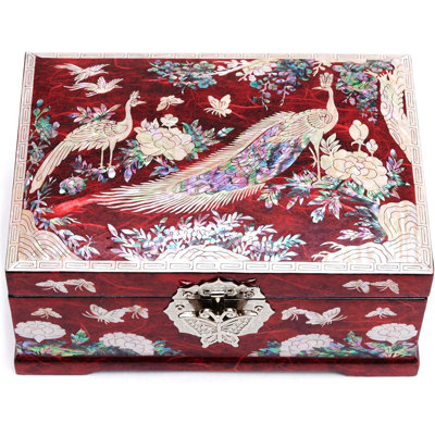 Boîte à bijoux en nacre faite à la main avec motif floral paon, finition laquée, rangement à plusieurs niveaux pour bracelets, montres, bagues et boucles d'oreilles