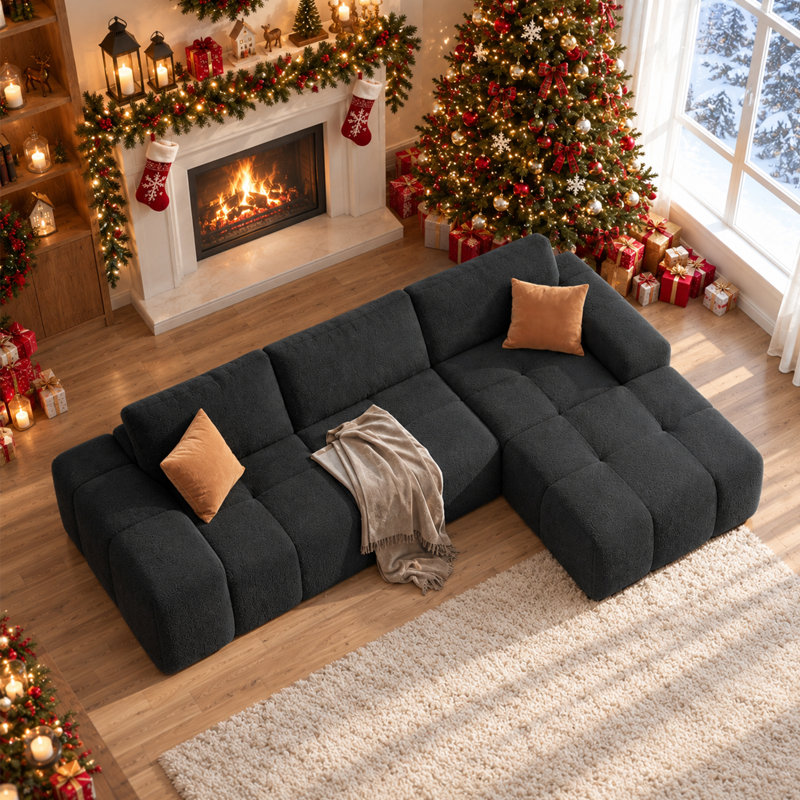 Modular Block L-Shaped Sectional Sofa, Convertible Cloud Floor Couch, High Resilience Foam, RAF Chaise