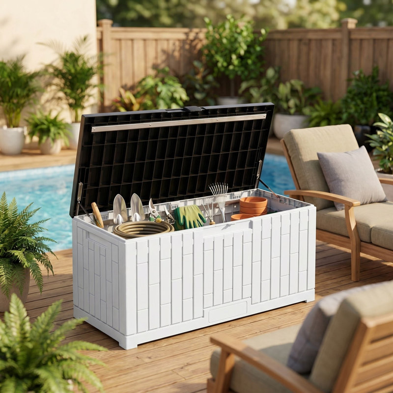 Grande boîte de rangement en résine pour l'extérieur 120 gallons Edrosie Inc, blanc et noir, Blanc et noir, 120 gallons