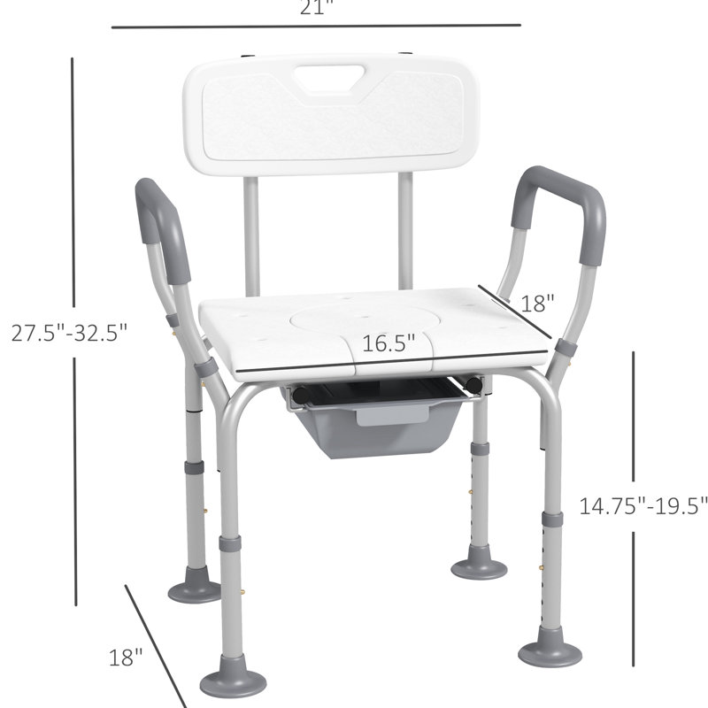 White Shower Chair With Back - 31 & Toilet Seat, Adjustable For Disabled And Seniors, White, Height