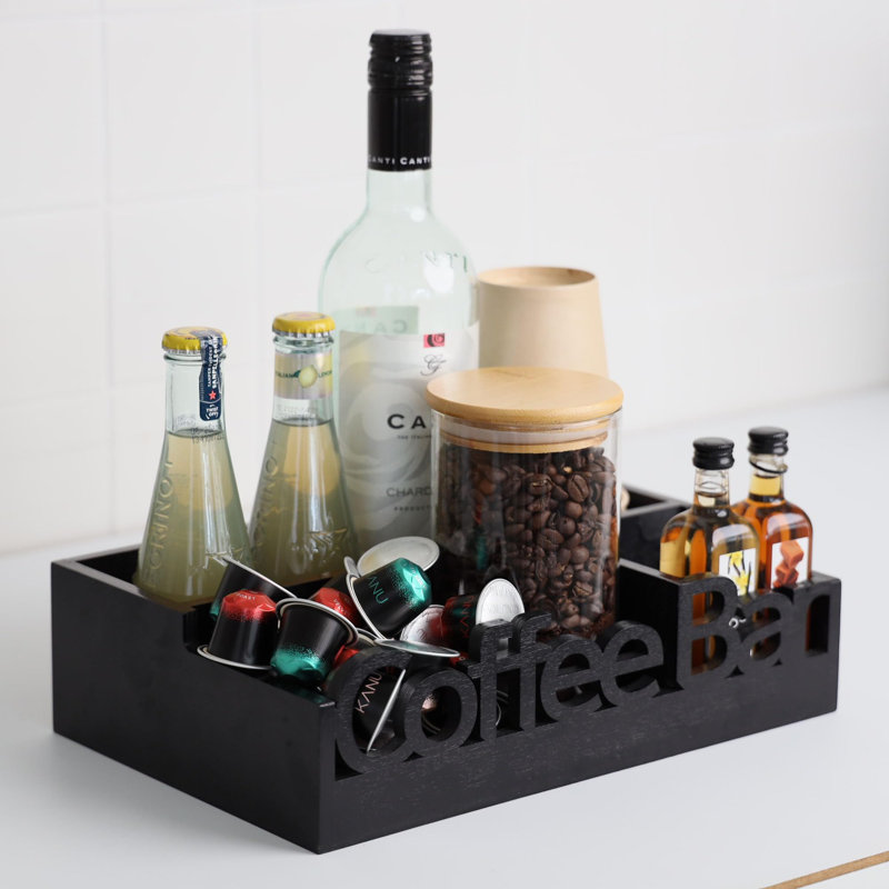 Organisateur de bar à café pour comptoir - Chariot à café en bois avec compartiments - Rangement de la station de café pour la maison et le bureau (noir)