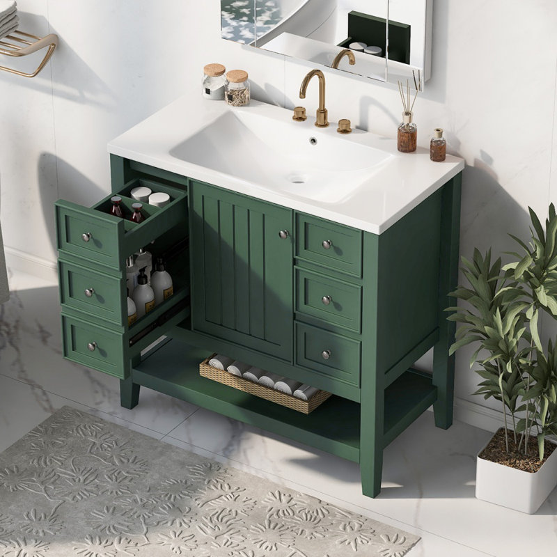 Ensemble de meuble-lavabo 36 po avec lavabo, 1 armoire et 3 tiroirs, Vert