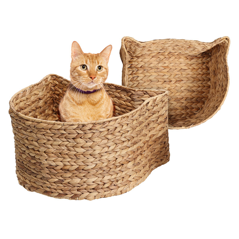 Felix Cat-Shaped Hand Woven Water Hyacinth Nesting Pet Toy Organizer Baskets (Set of 2), Natural