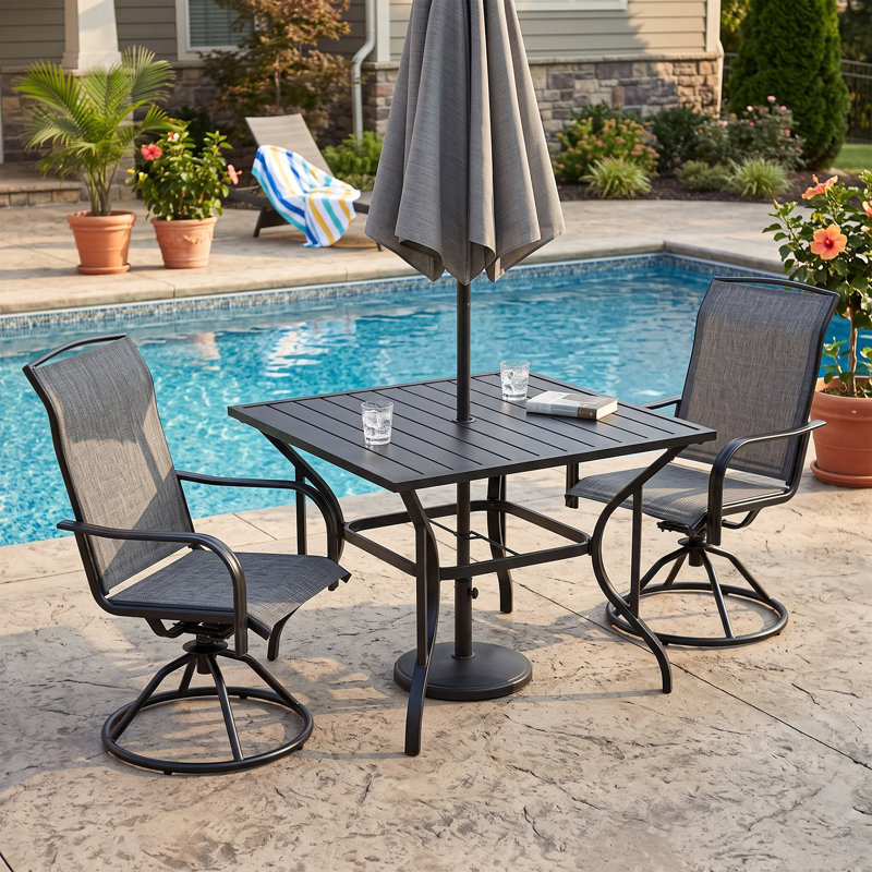 Table de bistro carrée en acier de 94 cm (37 po) avec trou pour parasol de 4 cm (1,57 po) pour terrasse ou jardin., Noir