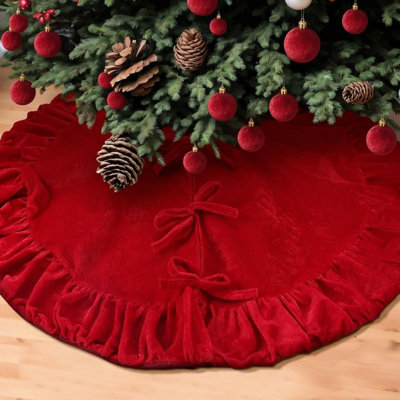 Ruffled Velvet Christmas Tree Skirt, Vintage Red Holiday Decor