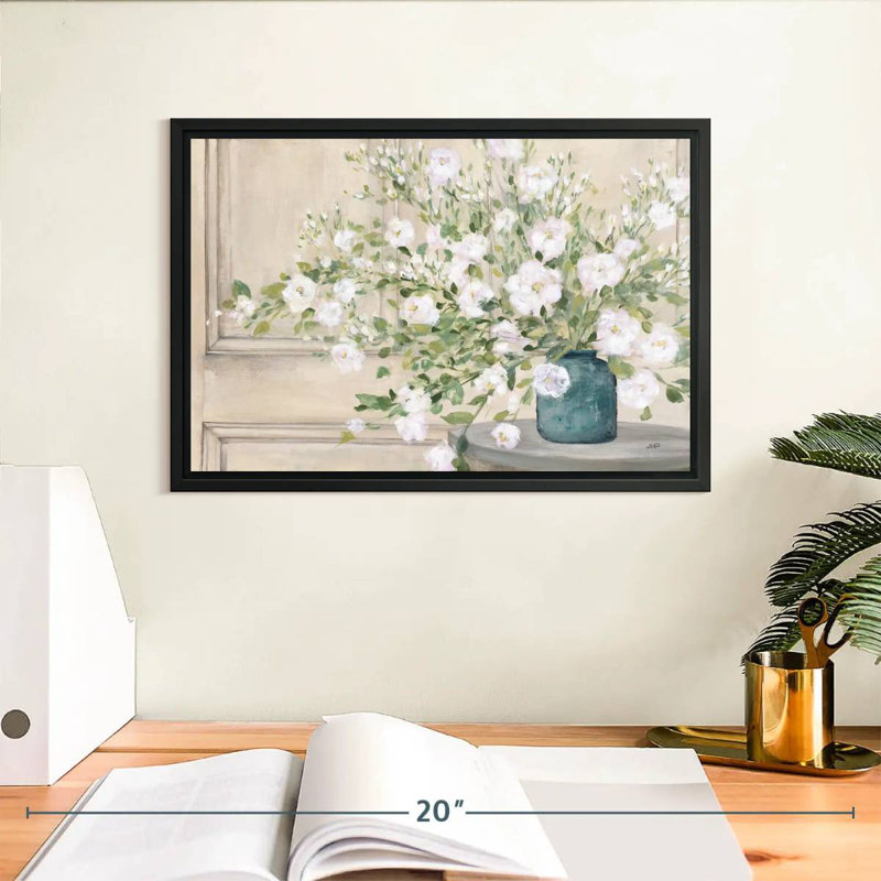 Bouquet blanc, Cadre flottant noir, 13 po x 9 po