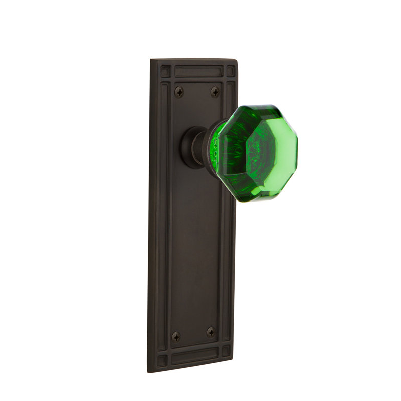 Bouton de porte de mortaise intérieur en cristal avec plaque longue mission émeraude Waldorf, Bronze frotté à l'huile