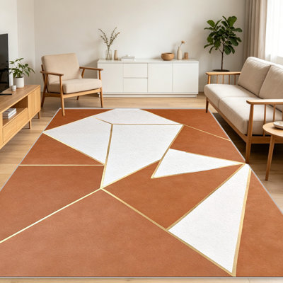 Tapis terre cuite or géométrique pour le salon, doux et confortable, convient à toutes les saisons, facile à entretenir, tapis de sol intérieur lavable à la machine, sous la table de ferme convenant à la chambre à coucher, à la salle à manger, au bureau, au balcon, au patio de décoration intérieure
