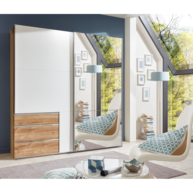 Barbuda 2 Door Manufactured Wood Wardrobe, 236cm H x 200cm W x 65cm D, White/Beige/Clear