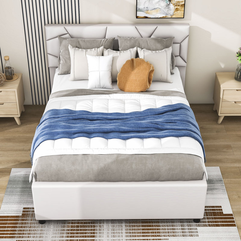 Lit plateforme tapissier à deux tiroirs avec tête de lit et lit gigogne à motif brique, Complète, Beige