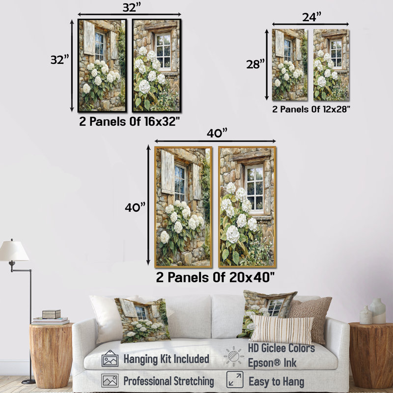 Hydrangeas In A Stone Cottage Garden I - Floral Canvas Prints 2 Panels Collection, H 28 po x l 25 po, Toile tendue